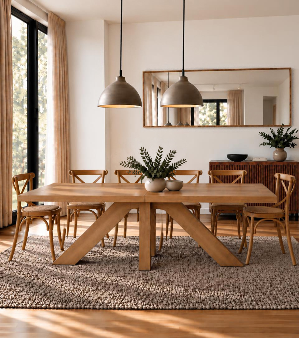 Juego de comedor Francia con mesa larga de madera lenga y sillas Cruzeta café